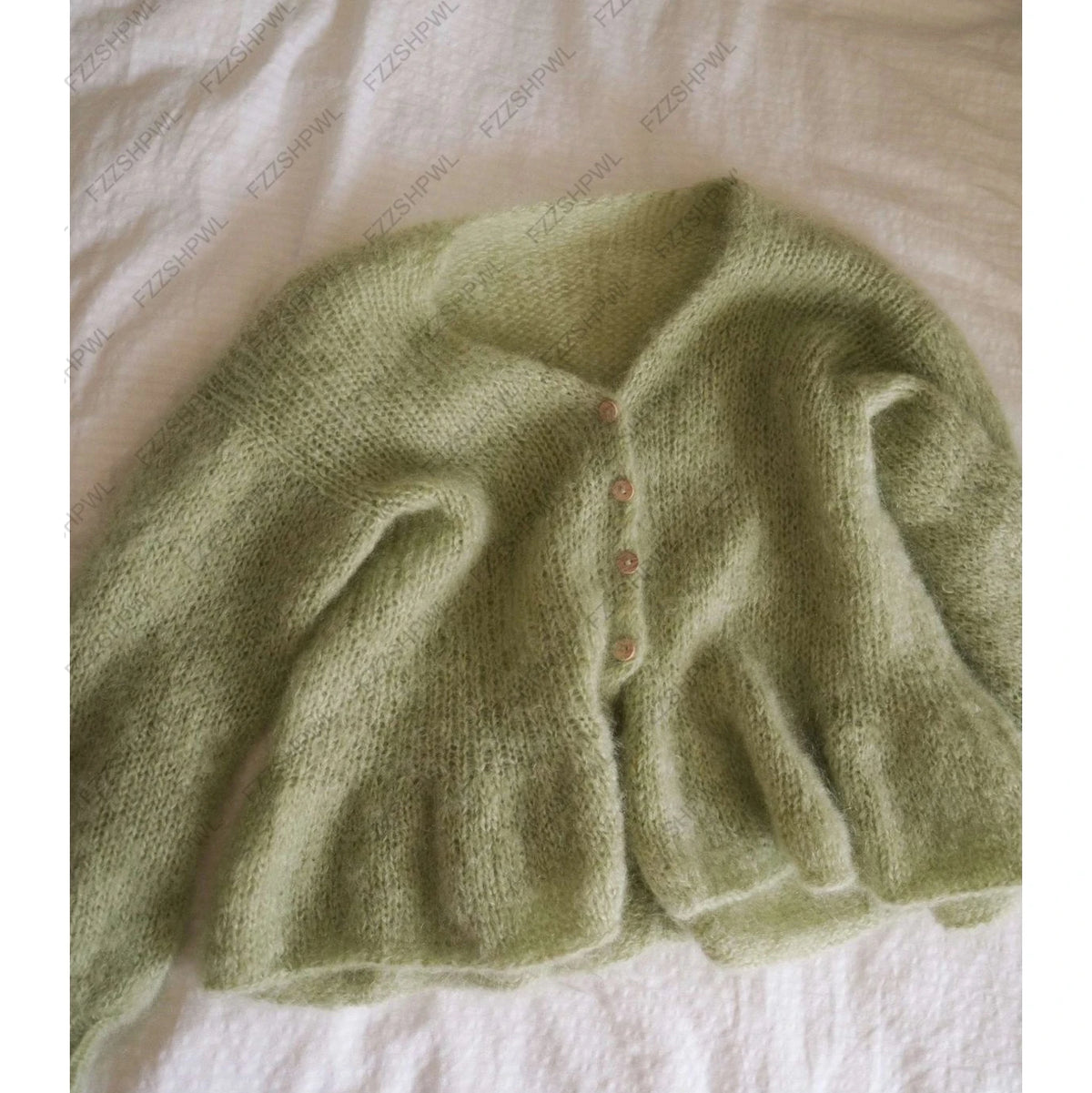 Cyflymder  Light Green Mohair Knit Cardigan V‑Neck Button Long Sleeve Loose Cropped Sweater Women Spring Outerwear