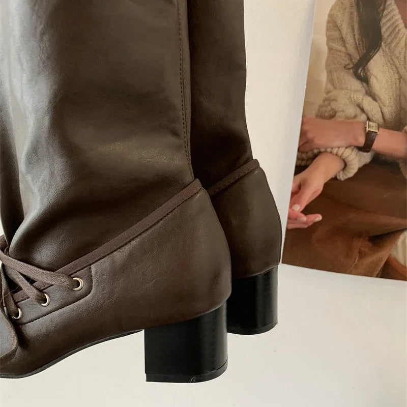 Cyflymder  Soft Leather Lace Up Pleated Knee High Boots for Women Round Toe Square Low Heels Long Booties Ladies Autumn Winter Shoe Female