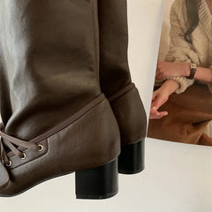 Cyflymder  Soft Leather Lace Up Pleated Knee High Boots for Women Round Toe Square Low Heels Long Booties Ladies Autumn Winter Shoe Female