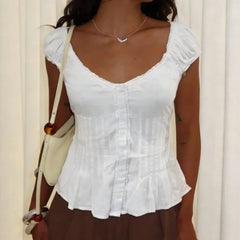 Cyflymder  Women Y2k Coquette Shirts Short Sleeve U Neck Button Ruffle Lace Patchwork Fairy Grunge Going Out Tops Tees