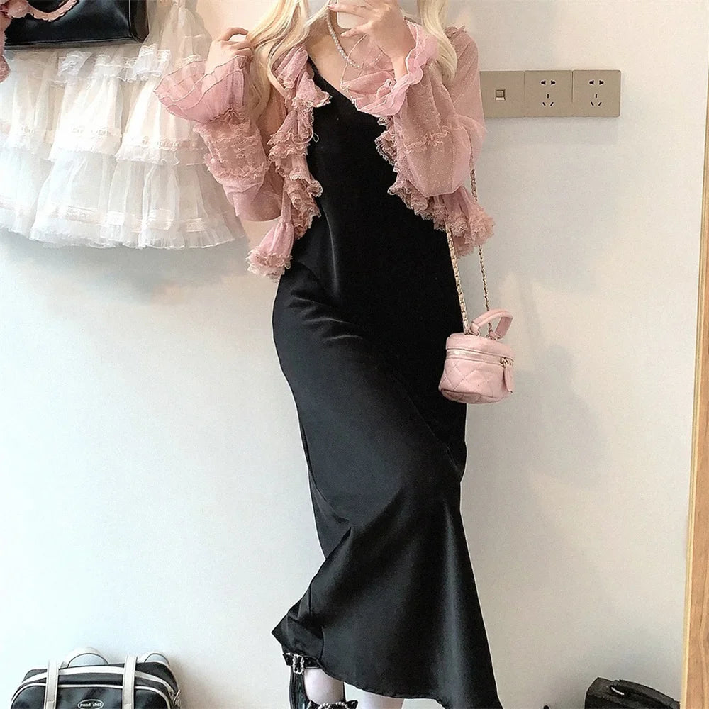 Cyflymder  See Through Long Sleeve Japanese Shrugs Autumn Mesh Ruffle Sweet Cropped Jacket Thin Air Conditioning Shirt Short Sun Protection