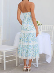 Cyflymder  Women s Strapless Long Dress Sleeveless Lace Patchwork Floral Print Bandeau Dress Summer Midi Dress