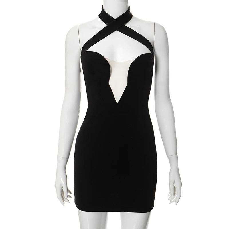 Cyflymder  Classic Black Slimming Cross Halter Neck Hollow Mesh Patchwork Bodycon High-waist Open Back Wrap Hips Mini Dress Party Wear
