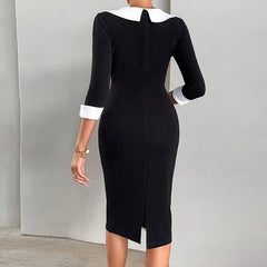 Cyflymder  Spring Summer Seven Quarter Sleeve Slim Formal Dress Female Elegant Lapel Wrap Hip A-line Dress Casual Commuting Midi Dress 2025