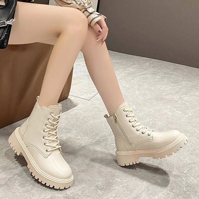 Cyflymder Chunky Heels Lace Up Combat Boots Women Winter Warm Short Plush Ankle Boots Woman Platform Non-Slip PU Leather Short Botas Mujer