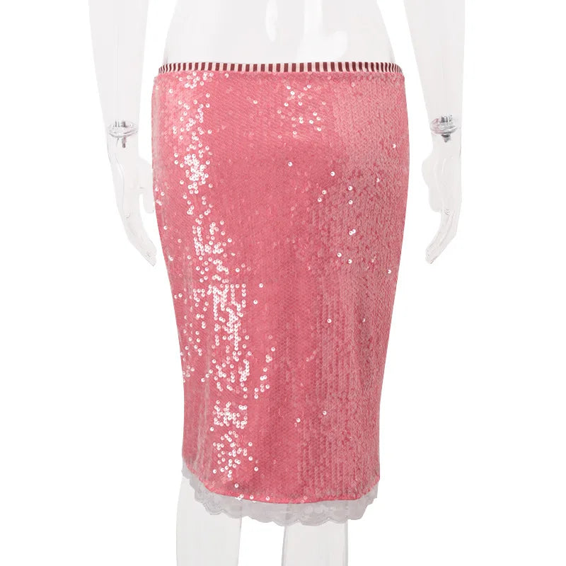 Cyflymder  Pink Glitter Skirts Women Fashion Sexy Sequins See Through Slim Skirts 2025 new summer Vintage Y2k Hot Girls Party Club Skirts