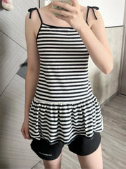 Cyflymder  Vintage Striped Camisole Dress Women Summer Streetwear Simple Cotton Lace-up Strap Vestidos Sweet Cute Preppy Style Dresses Y2K