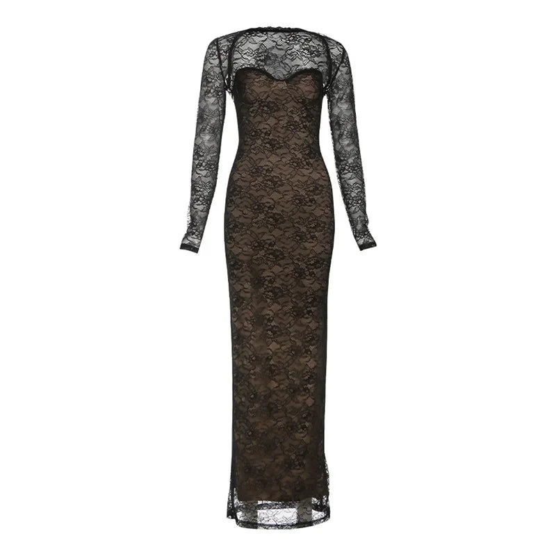 Cyflymder   Lace Maxi Dress See Through Full Sleeve Cape + Strapless Liner Bodycon Birthday Party Long Robe Evening Gown Women Sexy Clubwear