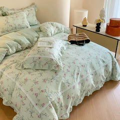 Cyflymder  100% Cotton Spring Garden Flowers Botanical Chic Ruffles Soft Comfortable Double Queen (1Duvet Cover+1Bed Sheet+2Pillowcases)