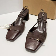 Cyflymder   Chunky Heels Summer Women Slingback Sandals Vintage Square Toe Brown Suede Buckle Belt Patchwork Elegant Office Ladies Shoes