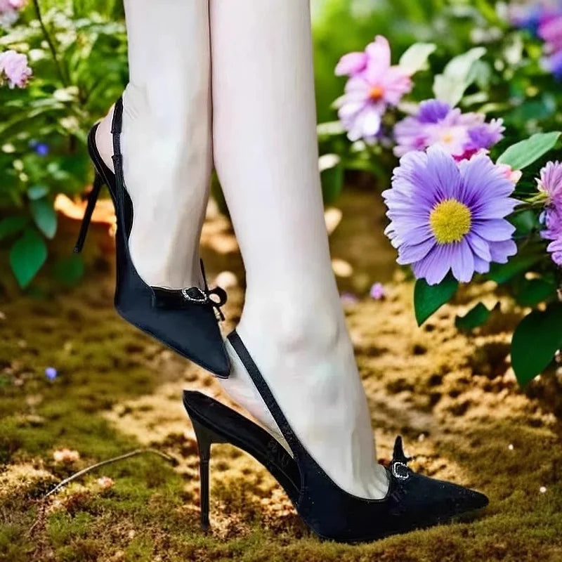 Cyflymder  new satin high heels women's stiletto bow temperament French pointed single shoes bag head sandals