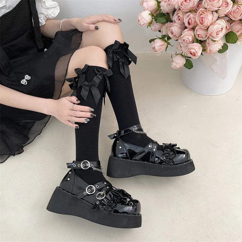 Cyflymder Y2K Metal Chains Punk Gothic Shoes Women Black Patent Leather Buckle Strap Wedges Pumps Woman Thick Platform Rivet Lolita Shoes