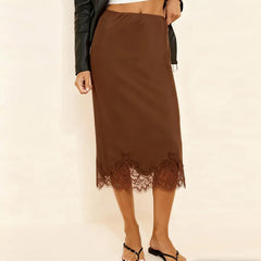 Cyflymder  Women Sexy Lace Satin Pencil Skirt Classic Elegant High Waist Silk Flowy Half Slip Underskirt Office Lady Midi Skirt