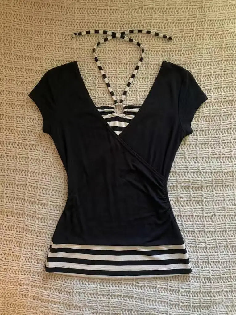 Cyflymder  Aesthetic Halter T-shirt Y2k 2000s Harajuku Goth Short Sleeves Punk Crop Top Fake 2Piece Slim Backless Woman Clothes Summer Tees