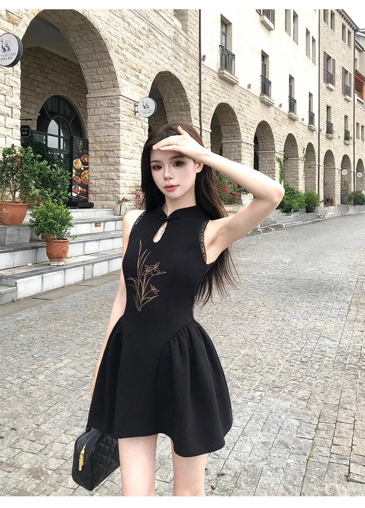 Cyflymder  Chinese Style Printed Dress for Women's Summer Slim Fit Sleeveless Lace A-line Short Dress Fashion Female Clothes