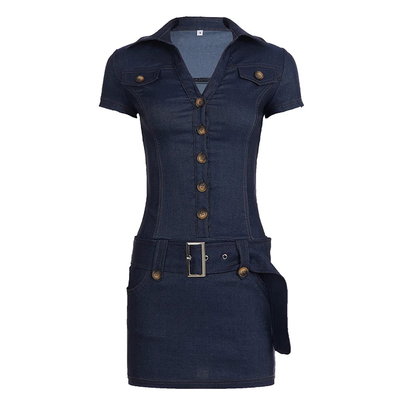 Cyflymder  Street Fashion Dark Blue Single Breasted Knitted Dress Slimming Short Sleeves With Belt Decorated Dresses 2026 Trend New
