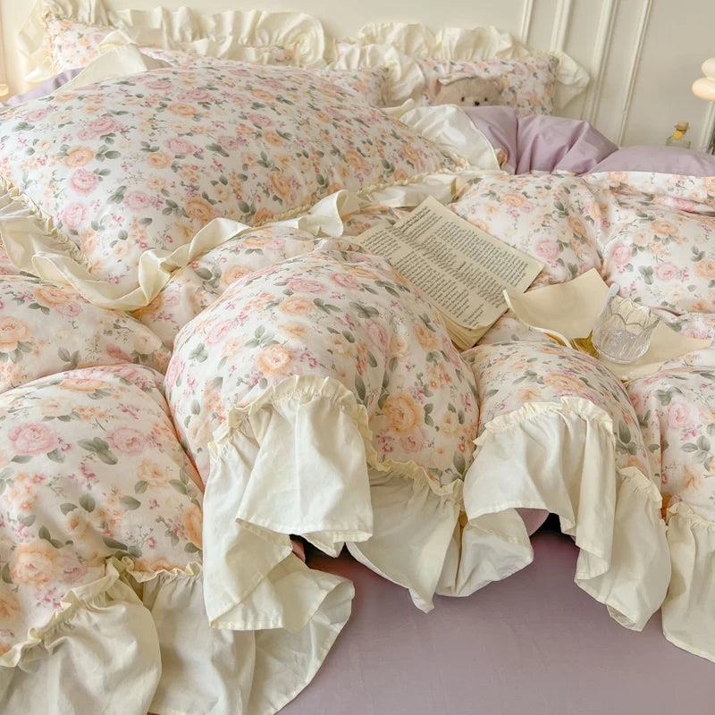Cyflymder  Floral Print Korean Style Princess Lace Ruffles 100% Cotton Bedding Set Duvet Cover Bed Sheet/Fitted Sheet Pillowcases 3/4Pcs