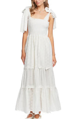 Cyflymder  Women’s Tie Shoulder Dress Summer Sleeveless Square Neck Eyelet Dress Long Smocked Dress