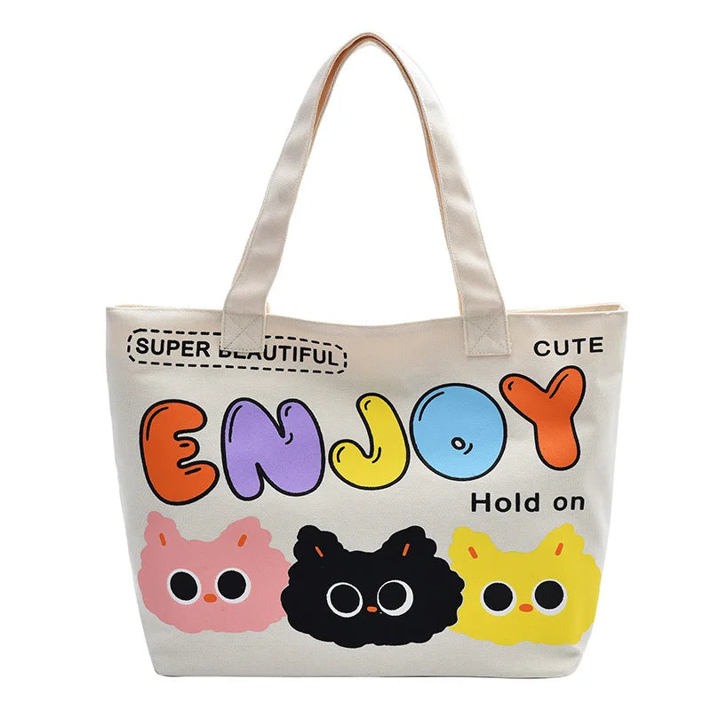Cyflymder  Letter Printed Tote Bag, Cute Cartoon Canvas Handbag Shoulder Bag, Large Capacity Shopping Bag, Campus Computer School Book Bag