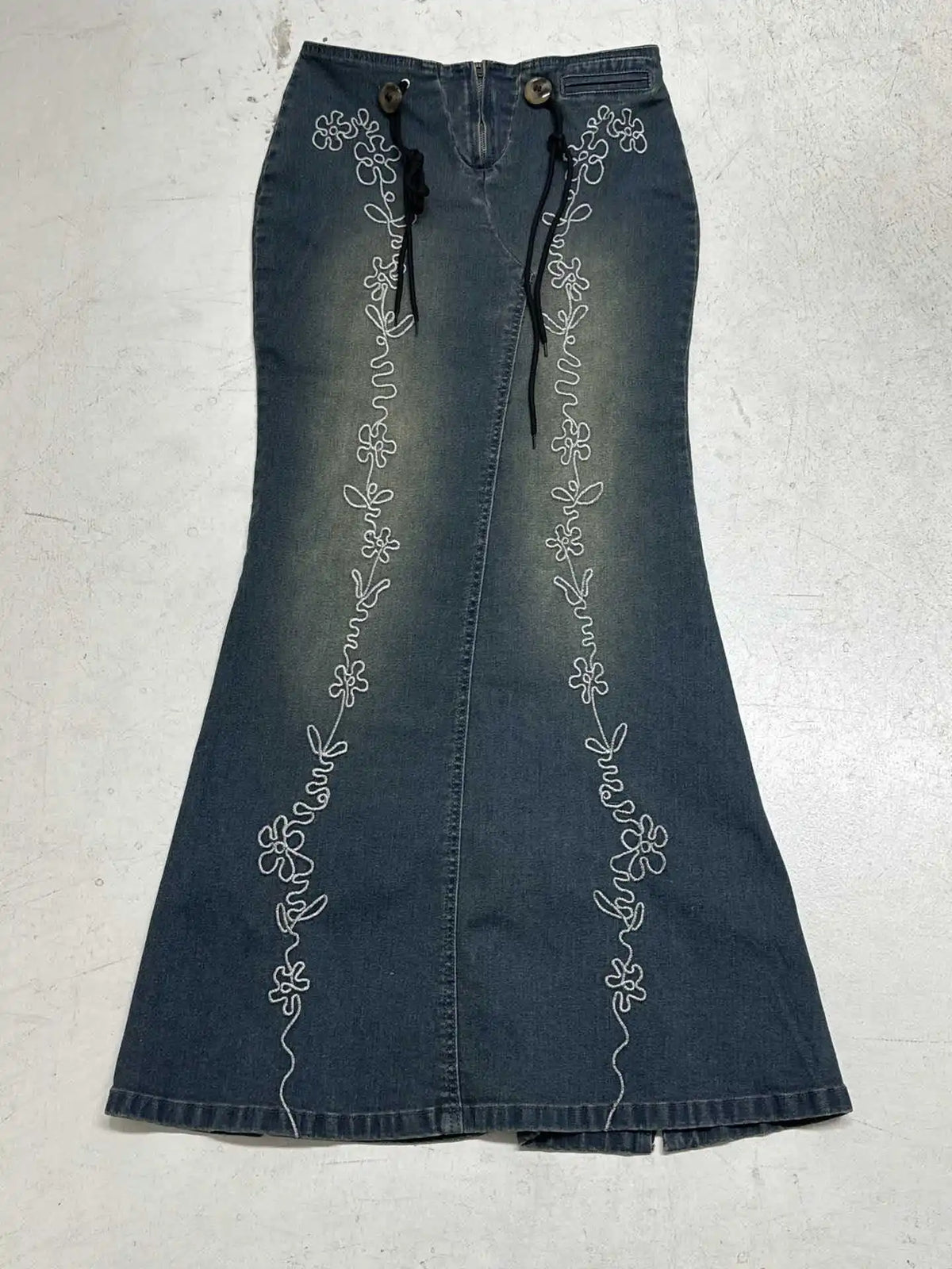 Cyflymder  Autumn new low waisted drawstring casual embroidered retro vintage denim skirt