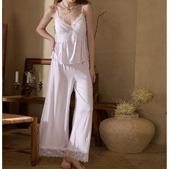 Cyflymder   French Retro Style with Chest Pad Lace Suspender Pajamas Wide-leg Pants Set Sexy Modal Girl Loungewear Summer