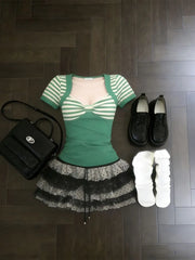 Cyflymder  Vintage Dresses Y2k 2000s Gothic Punk Aesthetic Harajuku Woman Clothes 2Piece Set Slim Summer Top+Mini Skirt Elegant 2000s Dress