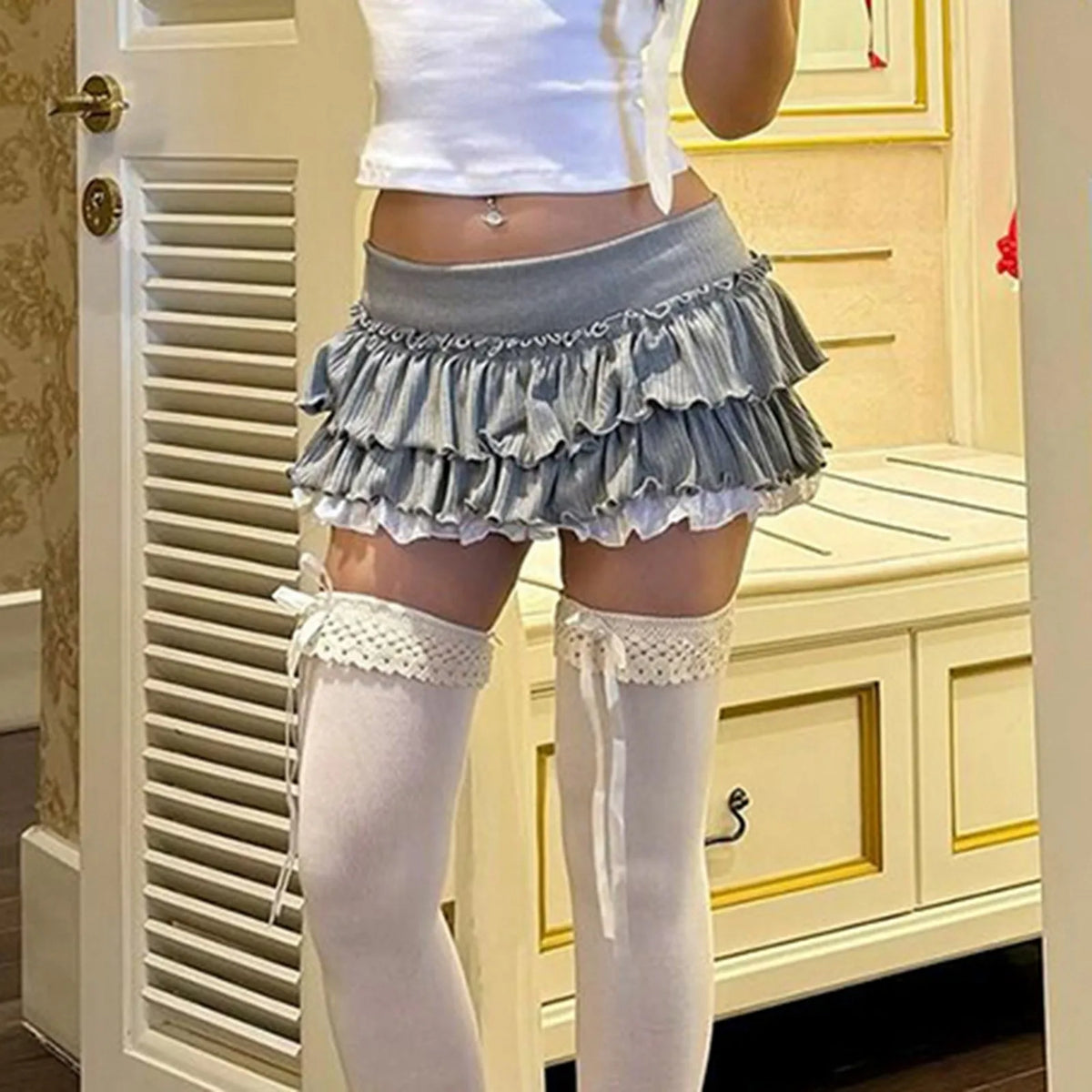 Cyflymder  Y2K Sweet Ruffles Mini Skirt Women Kawaii Lolita Lace Bow A-Line Skirts Harajuku Japanese High Waist Grey Ball Gown Skirt