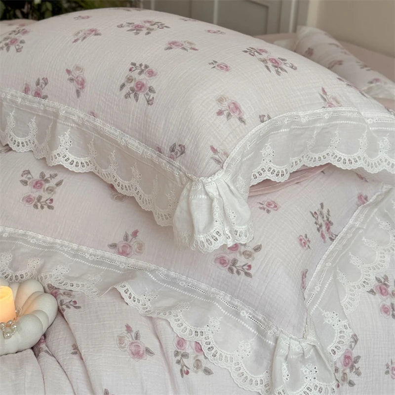 Cyflymder  Flowers Print Lace Ruffles Bedding Set 100% Cotton Double Layer Yarn Soft Duvet Cover Bed Sheet/Fitted Sheet Pillowcases 4Pcs