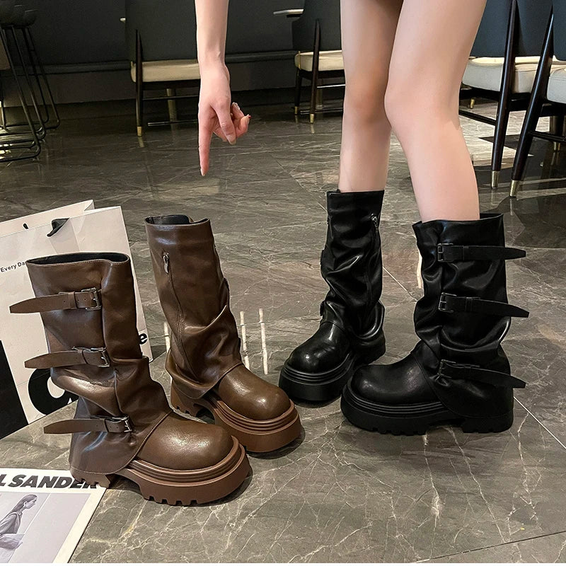 Cyflymder  Designer Thick Heel Women Western Cowboy Boots Fashion Ladies Belt Buckle Knight Booties botas de inverno feminina
