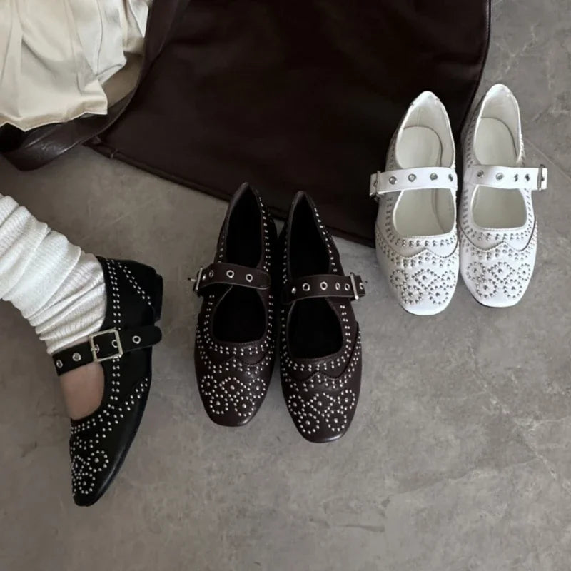 Cyflymder  Retro Rivet Buckle Design Flats Women Round Toe Shallow Elegant Mary Jane Shoes for Ladies Fashion Brand Designer Casual Shoes