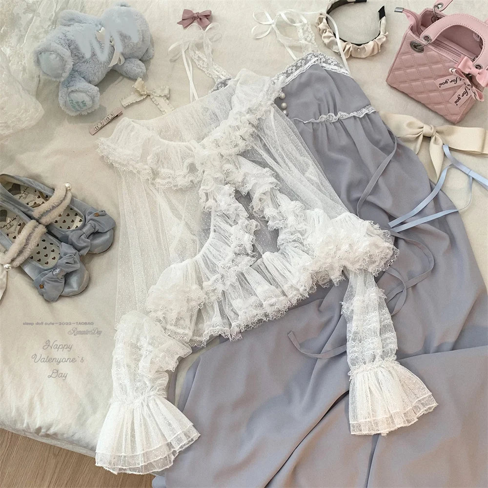 Cyflymder  See Through Long Sleeve Japanese Shrugs Autumn Mesh Ruffle Sweet Cropped Jacket Thin Air Conditioning Shirt Short Sun Protection