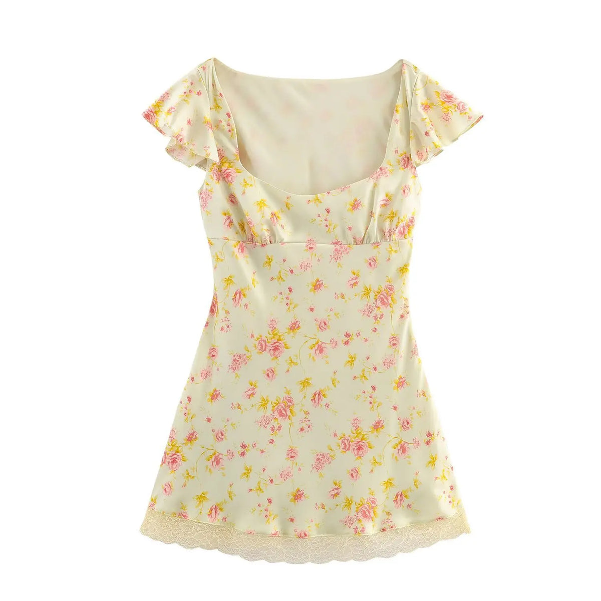 Cyflymder  Sweet Yellow Print Mini Slim Dress Lace Satin Short Dress New Spring Autumn Fashion Party Dinner Holiday Lady Dres
