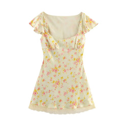 Cyflymder  Sweet Yellow Print Mini Slim Dress Lace Satin Short Dress New Spring Autumn Fashion Party Dinner Holiday Lady Dres