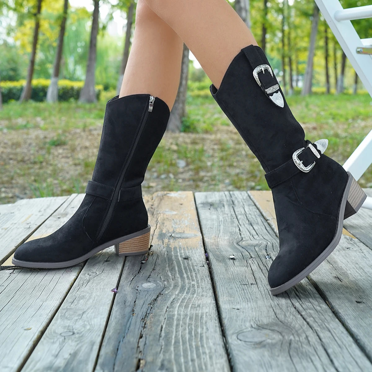 Cyflymder  Sharp pointed frosted cloth mid length boots, bimetallic buckle decorative side zipper knee length boots, plus size women's shoe