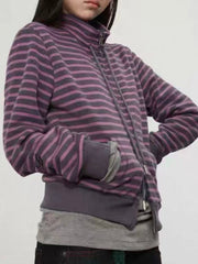Cyflymder  Harajuku Vintage Casual Stripe Hoodie Y2k Aesthetic Dual Zippers Grunge Hoody Women Streetwear Stand Neck Drawstring Sweatshirs