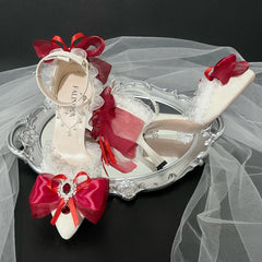 Cyflymder  pointed toe heel white red y2k high heel Lolita wedding shoes bridal heel bow pearl Y2k boots heel lace stiletto heels