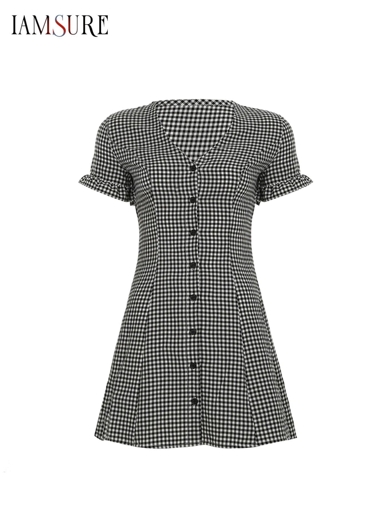 Cyflymder  Casual Slim Plaid A-Line Dress Elegant Fashion Basic Deep V-Neck Short Sleeve Ruffles Mini Dresses For Women 2025 Summer
