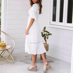 Cyflymder  Summer White Dresses Women Flower Hollow Out High Waist Lace Long Dress For Wedding Elegant Deep V-Neck Short Sleeve Party Dress