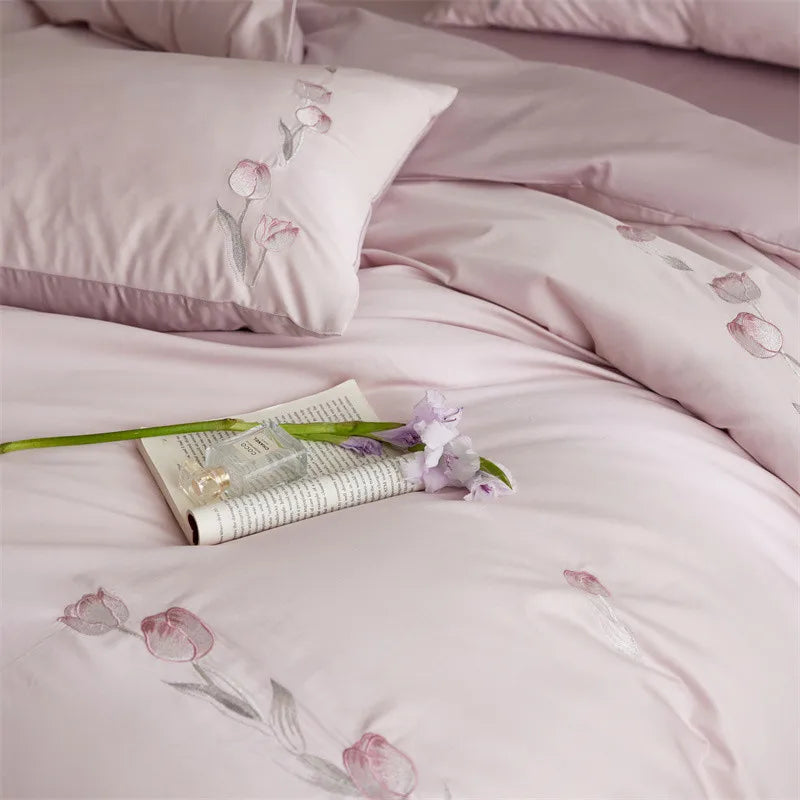 Cyflymder  Long-staple Cotton Floral Blossom Embroidery Comfortable Ultra Soft (1Duvet Cover+1Flat Bedsheet/Fitted Bedsheet+ 2Pillowcases)