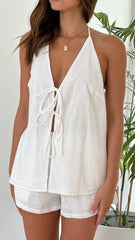 Cyflymder  Bowknot Backless Cotton Casual Women's Suit Top+shorts Matching Set Summer Spring Beach White Set Two Piece Shorts Set