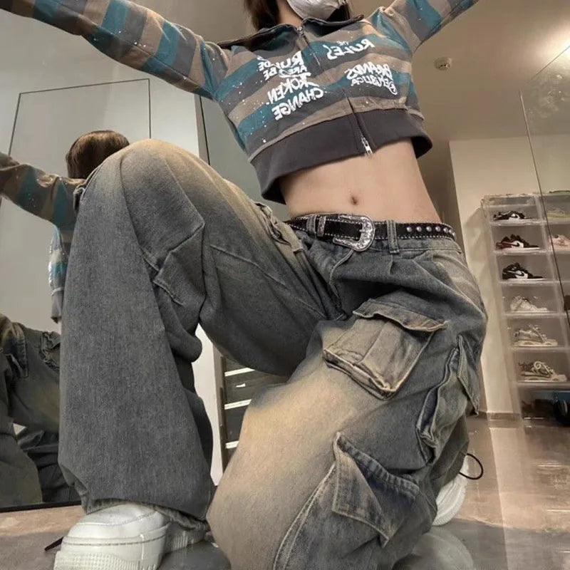 Cyflymder  New Blue Baggy Cargo Jeans Women Harajuku Y2K 90S Retro High Waist Denim Trousers Hip Hop Pockets Wide Leg Cowboy Pants