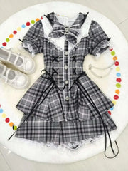 Cyflymder   New Summer Sweet Japanese Lolita Dress Set Women Cute Bow Lace Design Fashion Patchwork   Kawaii Outfits Pretty Slim Lovely Suit