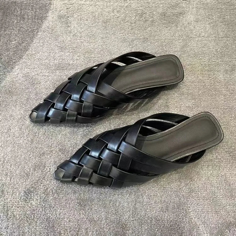 Cyflymder  Women Slippers Summer Outside Baotou Pointed Half Slippers for Women's Muller Flat Bottomed Woven Hollow Sandals Chanclas Mujer