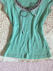 Cyflymder   Green Striped O Neck Fashion Versatile Short Sleeved T-shirt Women Summer New Outfit Wearing Spicy Girl Slim Top Ins