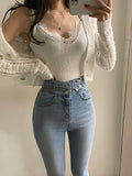 Cyflymder High waisted women's jeans with staggered button design tight elastic leg pants Korean fashion women clothing