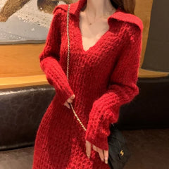 Cyflymder  Autumn Red Collar Knitted Dress Women Long Sleeve Slim Elastic Tight Pullover Sweater Dress Autumn Office Lady Midi Dress 664A
