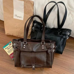 Cyflymder  Korean Vintage Brown Tote Bag Women Leather Large Capacity Shoulder Bag Ladies Preppy Style Commute Daily Crossbody Bag Chic New