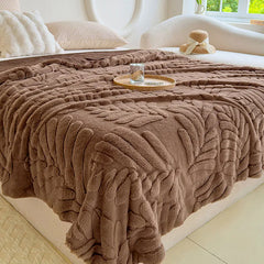 Cyflymder  Solid Banana Leaf Jacquard plush blankets Double Layered Thick Faux Rabbit Fur Bedspread Multi-Functional Office Nap Blanket