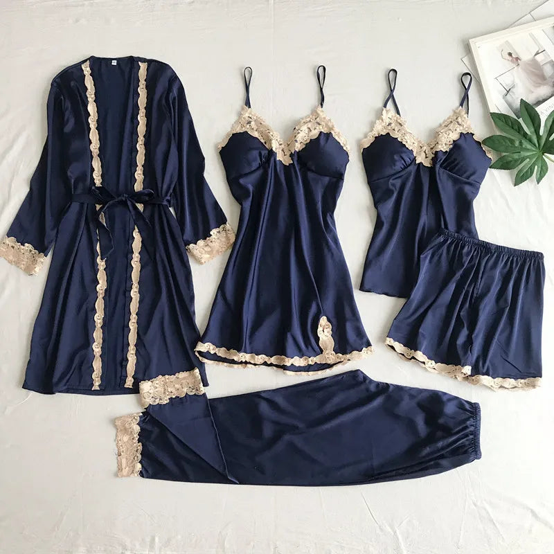 Cyflymder  Sexy Silk Nightgown Batobe Sexy Pure Appetite Women's Summer Long Sve Floral Print V-cut Slip Five Pcs Spwear Set