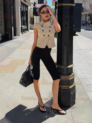 Cyflymder  Solid Double Breasted Short Sleeve Cropped Jacket Slim Fit Single Breasted Summer Women Blazer Fashion Versatile Lady Tee